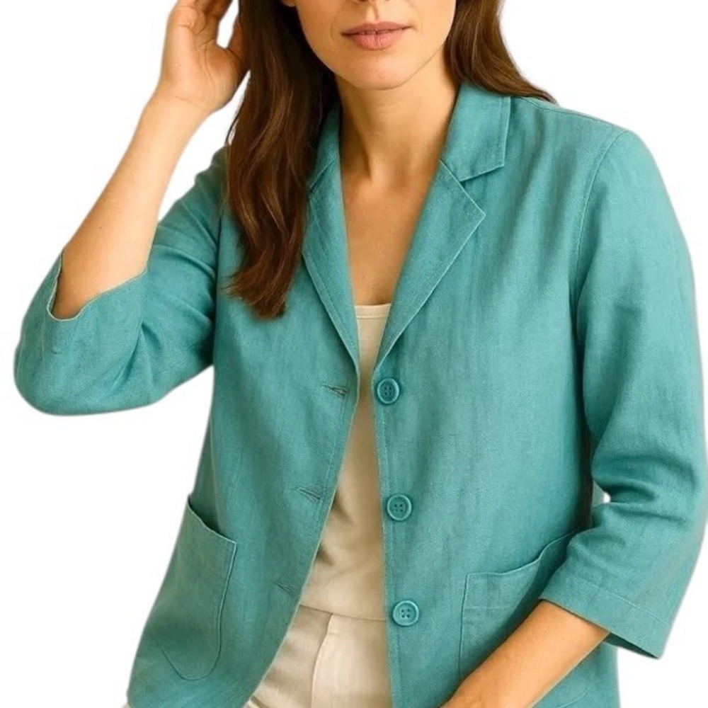 NWT Eileen Fisher Career Aqua Blue Linen 3/4 Sleeve 3 Button Blazer Jacket 2X